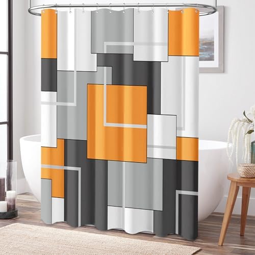 BTTN Orange Modern Geometric Waterproof Fabric Shower Curtain Set, 72 x 72