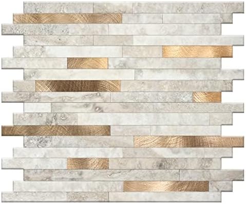 KASARO Peel and Stick Marble Backsplash Tile, 1-Sheet, Beige Marble with Vintage Golden Stripes, Self-Adhesive Aluminum Wall Tile for Kitchen, Bathroom, Fireplace, RV (11.4”x10.6”, 4mm Thick)