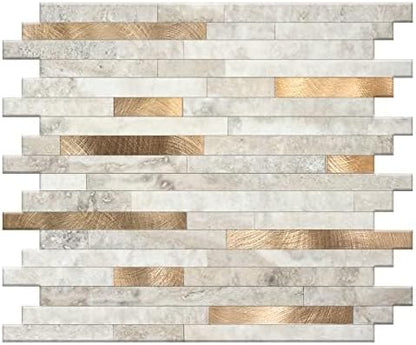 KASARO Peel and Stick Marble Backsplash Tile, 1-Sheet, Beige Marble with Vintage Golden Stripes, Self-Adhesive Aluminum Wall Tile for Kitchen, Bathroom, Fireplace, RV (11.4”x10.6”, 4mm Thick)