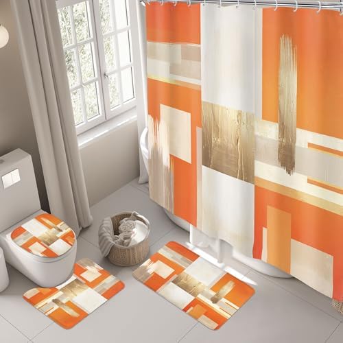 Riyidecor Orange Gold Abstract 4Pcs Bathroom Shower Curtain Sets Modern Geometric Aesthetic Bathroom Decor Set with Rugs and Accessories Minimalist Toilet Lid Rug, Contour and Bath Mat with 12 Hooks