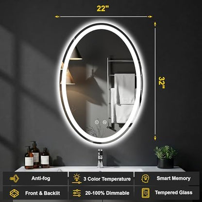 Oval LED Bathroom Mirror with Lights, 22 x 32 Inch Lighted Vanity Mirror