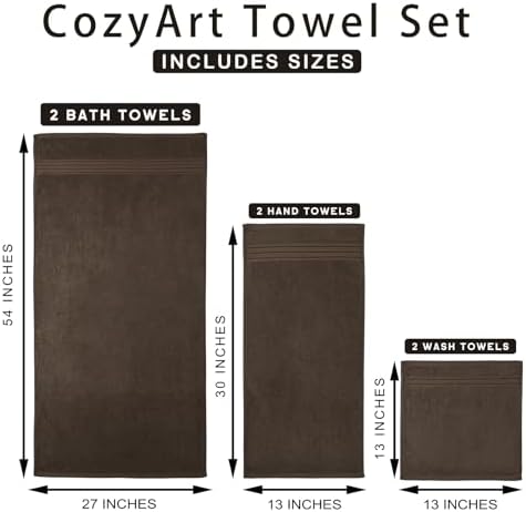COZYART Luxury Bath Towel Set 6 Pcs, Brown 100% Turkish Cotton 650 GSM