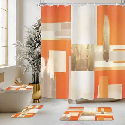 Riyidecor Orange Gold Abstract 4Pcs Bathroom Shower Curtain Sets Modern Geometric Aesthetic Bathroom Decor Set with Rugs and Accessories Minimalist Toilet Lid Rug, Contour and Bath Mat with 12 Hooks