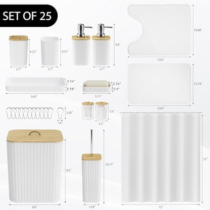 Bathroom Accessory Set - 25PC Bathroom Sets with Shower Curtain and Rugs, White Bathroom Set, Bathroom Accessories Set, Shower Curtain Sets with Rugs, Bathroom Trash Can & Soap Dispenser