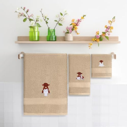 3 Pcs Highland Cow Bathroom Towel Set, Brown, 100% Cotton