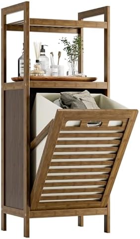 HITNET Bamboo Tilt Out Laundry Hamper, Bathroom Storage Cabinet with Hidden Removable Basket and 2 Open Shelves, Space Saving Bamboo Storage for Clothes, Towels and Toys, Walnut