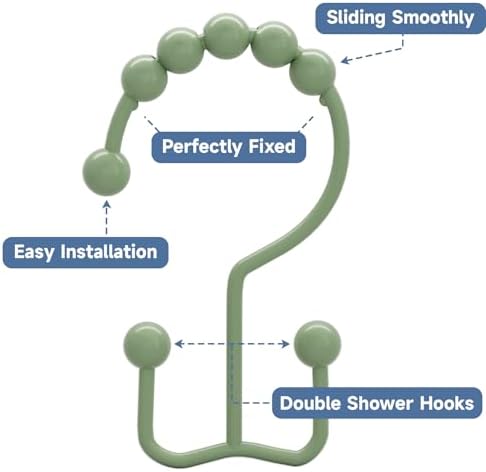 Titanker Shower Curtain Hooks Rings, Rust-Resistant Metal Double Glide Shower Hooks for Bathroom Shower Rods Curtains, Set of 12 Hooks - Sage Green