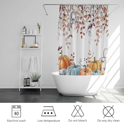 Fall Shower Curtains for Bathroom, Thanksgiving Pumpkins Autumn Eucalyptus Leaves Shower Curtain Set with Hooks, Blue Orange Waterproof Fabric Fall Bathroom Decor Accessories, 60 x 72 Inch