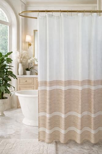 Serafina Home Tan Beige White Striped Cotton Bathroom Shower Curtain