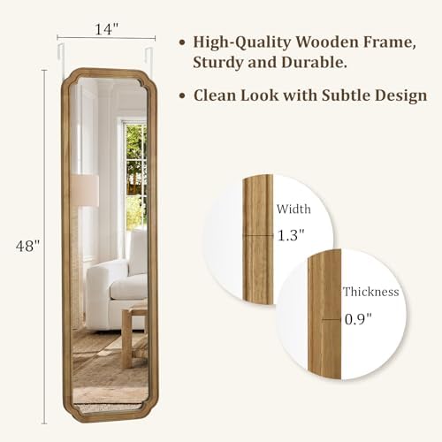 WallBeyond 48" x 14" Full Length Door Mirror with Rustic Rounded Corner Wood Frame, Over the Door Hanging Mirror for Bedroom, Closet, Dressing Area and Entryway, Natural