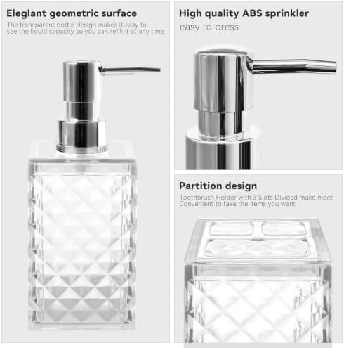 2 Piece Bathroom Accessory Set, Clear Soap Dispenser and Toothbrush Holder
