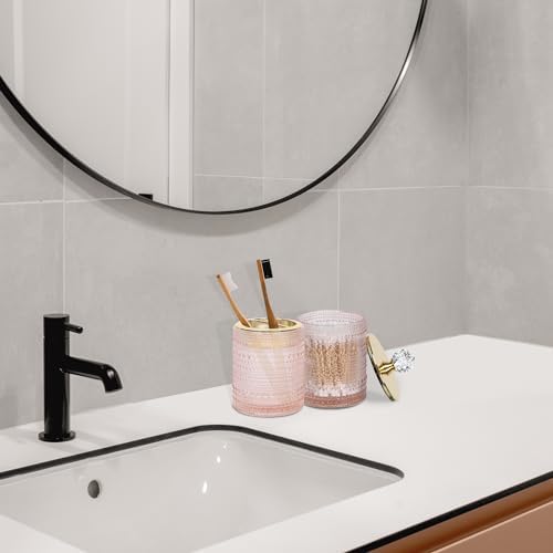FEILANDUO Bathroom Accessories Set,4Pcs Glass Bathroom Accessories,Vanity Bathroom Decor, Soap Dispenser, Toothbrush Holder Set, Apothecary Jar, Gift for Home Apartment (Pink)