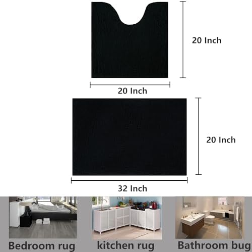 Bathroom Rugs Chenille, Extra Thick and Absorbent, Non-Slip, Machine Washable, Dry Quckily, Soft Cozy Plush, Used Under Shower Bathtub and Sink, Bath mat Sets Black