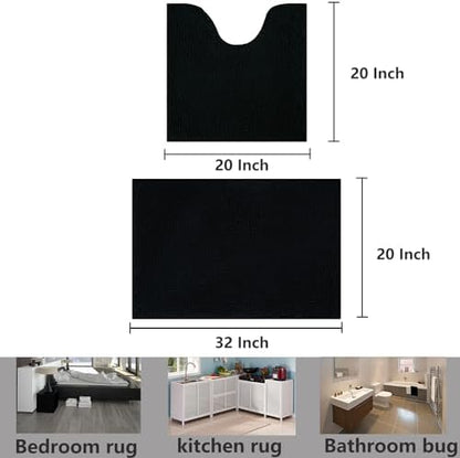 Bathroom Rugs Chenille, Extra Thick and Absorbent, Non-Slip, Machine Washable, Dry Quckily, Soft Cozy Plush, Used Under Shower Bathtub and Sink, Bath mat Sets Black