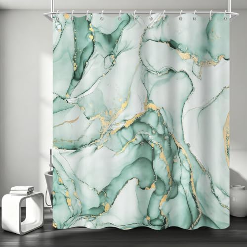Mint Green Marble Shower Curtain Modern Abstract Luxury Gold Ink Texture Ombre Watercolor Bathroom Curtain Set with Hooks Soft and Lightweight Waterproof Fabric Machine Washable 72" Wx72 L