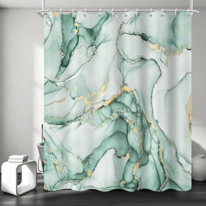 Mint Green Marble Shower Curtain Modern Abstract Luxury Gold Ink Texture Ombre Watercolor Bathroom Curtain Set with Hooks Soft and Lightweight Waterproof Fabric Machine Washable 72" Wx72 L