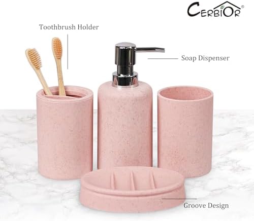 CERBIOR Bathroom Accessories Set 6 Piece Wheat Straw Bath Ensemble,Pink