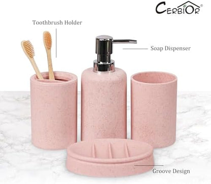 CERBIOR Bathroom Accessories Set 6 Piece Wheat Straw Bath Ensemble,Pink