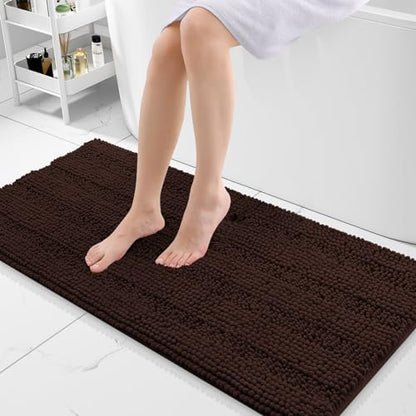 Grandaily Chenille Striped Bathroom Rugs 47x20, Extra Thick and Absorbent Bath Mats, Non-Slip Soft Plush Shaggy Shower Carpet, Machine Wash Dry, Bath Rug for Bathroom, Brown