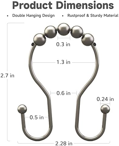 Bathway Shower Curtain Hooks Rust Proof Shower Curtain Rings, Smooth Glide Double Hook Shower Curtain Hooks,Shower Hooks for Shower Curtain Matte Nickel Shower Rod Hooks Shower Curtain Hangers 12Pcs