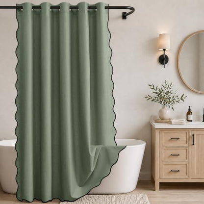 Furlinic Extra Wide No Hook Shower Curtain Scalloped Green Waterproof 96x75