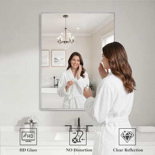 Koonmi Silver Rectangle Wall Mirror, 30x36 Inch Bathroom Mirror, Aluminum Frame Vanity Mirror for Entryway, Living Room, Bedroom Bathroom, Hangs Horizontally or Vertically