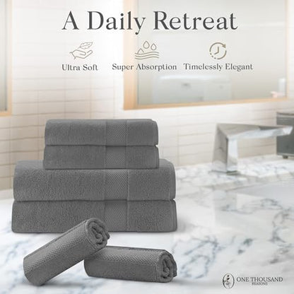 Premium Staple Cotton Bathroom Towel Set - Gray 600 GSM 6-Piece Luxury Bath Towel Set 1 Stripe - 2 Bath Towels, 2 Hand Towels & 2 Washclothes Set - High Absorbent & Quick Dry for Gym, Spa, Hotel