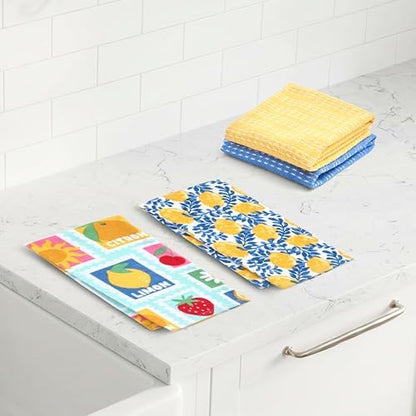 Ritz 4-Piece Kitchen Towel Set, Citron Vine & Summer Fruit Stamp Prints with Yellow & Blue Textured Terry, 100% Cotton & Absorbent Blend, 16" x 26", Vintage Mediterranean Fruit Kitchen Decor