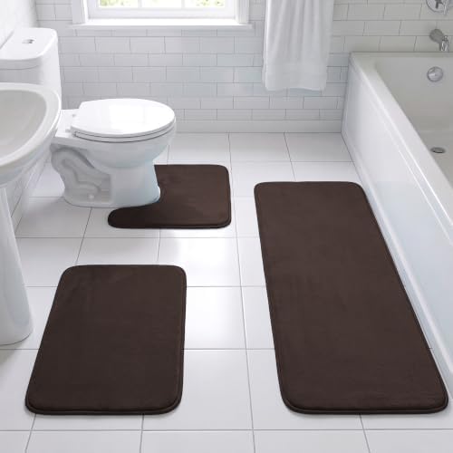 H.VERSAILTEX Bath Mat Memory Foam Set Bathroom Rug Set Flannel Velvety Extra Soft and Absorbent Non Slip Rugs for Bathroom/Bedroom Washable(47"x 17" + 17"x 24" + 20"x 24"U-Shaped, Brown)
