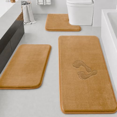 HUXMEYSON Bathroom Rugs Sets 3 Piece, Non-Slip & Quick Dry Bath Mat Set, Ultra Soft Velvet Bath Rugs for Bathroom, Toilet and Shower Floor, Khaki