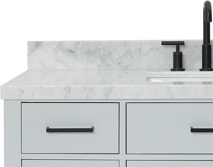Isabella 48-Inch Bathroom Vanity with Sink — Grey Single Sink Bathroom Vanity, 1.5" Edge Italian Carrara Marble Top, Solid Wood, 2 Soft-Close Doors, 8 Dovetail Drawers + Tilt Drawer