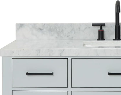 Isabella 48-Inch Bathroom Vanity with Sink — Grey Single Sink Bathroom Vanity, 1.5" Edge Italian Carrara Marble Top, Solid Wood, 2 Soft-Close Doors, 8 Dovetail Drawers + Tilt Drawer