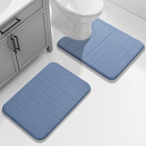 Yimobra Memory Foam Bathroom Mat Set, 24 x 17 & 24 x 20 in, Denim Blue