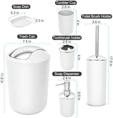 Compact 6-Piece White Plastic Bathroom Accessories Set with Small Trash Can, Soap Dispenser, Toothbrush Holder, Cup, Soap Dish, Toilet Brush for Guest Bathroom Dorm Apartment