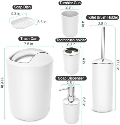 Compact 6-Piece White Plastic Bathroom Accessories Set with Small Trash Can, Soap Dispenser, Toothbrush Holder, Cup, Soap Dish, Toilet Brush for Guest Bathroom Dorm Apartment