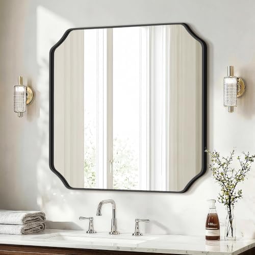 Delma Bathroom Vanity Mirror, Black Framed Aluminum Bathroom Mirror for Over Sink, Scalloped Round Corner Wall Mirror, High-Definition Vanity Mirror, Hangs Horizontally or Vertically (30x30,Black)