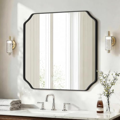 Delma Bathroom Vanity Mirror, Black Framed Aluminum Bathroom Mirror for Over Sink, Scalloped Round Corner Wall Mirror, High-Definition Vanity Mirror, Hangs Horizontally or Vertically (30x30,Black)