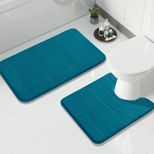 Yimobra Memory Foam Bathroom Mat Set, 31.5 x 20 & 24 x 20 in, Peacock Blue
