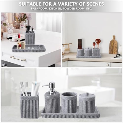 XLHOMO Resin Grey Bathroom Accessories Set 5 Pcs, Lotion Soap Dispenser, Toothbrush Holder, Bathroom Tumbler, Qtip Holder and Vanity Tray, Bathroom Countertop Organizer Set for Modern Home Apartment