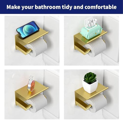 GLNLQ Brushed Gold Toilet Paper Holder Wall Mount, Adhesive or Screw-in