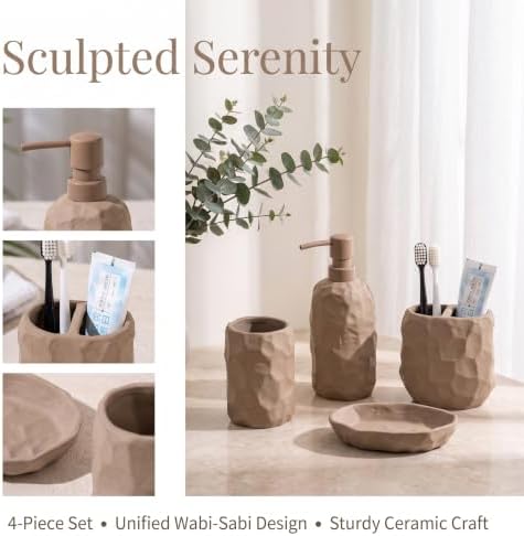 RQYIXI Ceramic Bathroom Accessories Set,Brown,4 Piece,Artisan Design