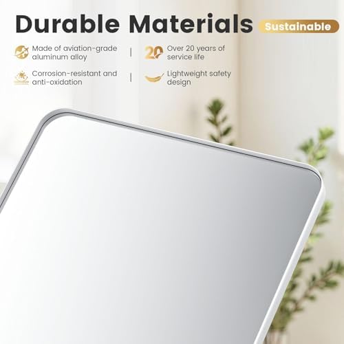 Frosted White Wall-Mounted Bathroom Mirror, 18x30-inch Metal-Frame Vanity Mirror, Rounded-Corner Rectangular Wall Mirror, Bathroom Mirror for Above Sink, Can Be Hung Horizontally or Vertically