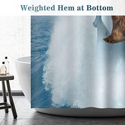 Aimego Long Funny Shower Curtain - Cool Bear Riding Shark Fun Crazy Ocean Wave Fabric Cloth Shower Curtain Set with 12 Hooks Adults Bathroom Decor Accessories Bathtub Curtain, 72"x78", Blue Brown