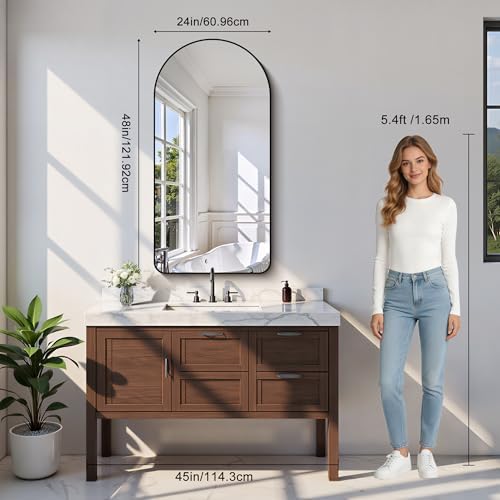 Arched Bathroom Mirror, 24"x48" Black Arched Mirror for Bathroom, Wall Mounted Mirror, Black Vanity Wall Mirror w/Metal Frame for Bedroom, Entryway, Living Room, Vertically Hanging