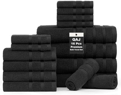 16-Piece Bath Towels Set, 100% Cotton Thick Soft Highly Absorbent Durable, Quick Dry, Bathroom Towels Set (4 Bath Towels, 4 Hand Towels, 8 Washcloths) - Perfect for Daily Use