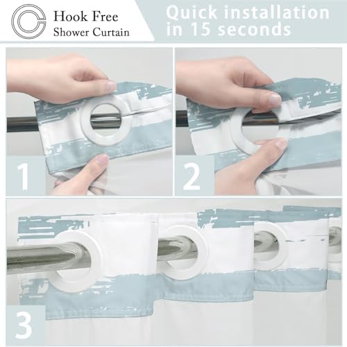 No Hook Shower Curtain with Liner, Cyan Stripe, 71x74 Inch