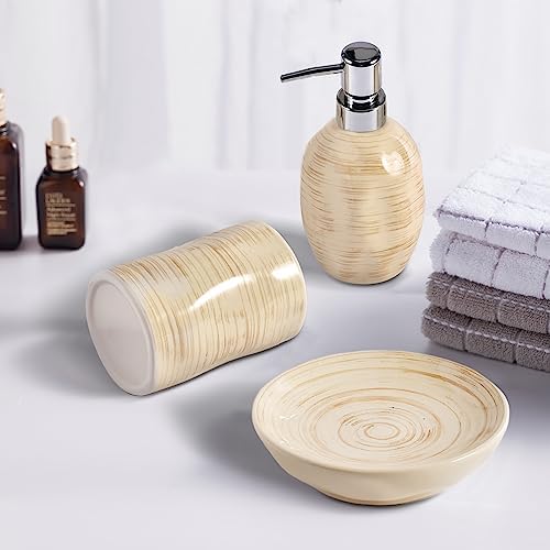Bathroom Accessory Set of 3, Ceramic Bathroom Accessories Complete -Toothbrush Holders, Soap Dispenser, Soap Dish, Rustic Boho Bathroom Decor, Farmhouse Bathroom Organizer for Countertop