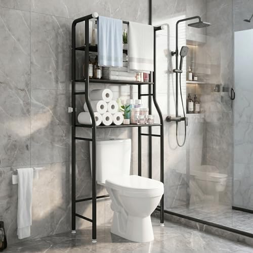 UDEAR 3-Tier Over The Toilet Rack,with Hanging Rod,Tower Shelf,Black