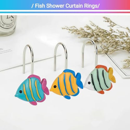 12Pcs Tropical Fish Shower Curtain Hooks Decorative for Curtain Rods, Cute Animals Shower Curtain Rings, Silver Stainless Steel Metal Shower Curtain Hanger Hooks, Kids Ocean Bathroom Decor Accessories