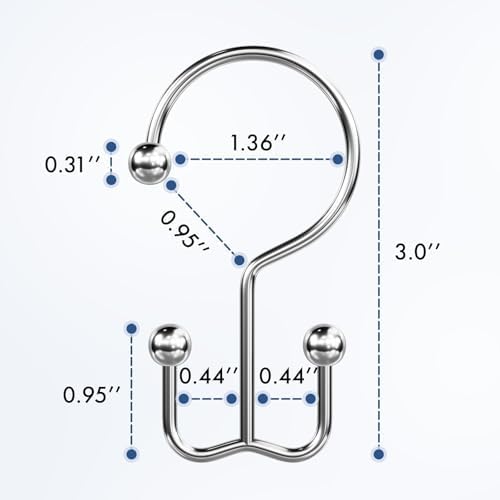 Bathway Shower Curtain Hooks Chrome Shower Curtain Rings, 12 Pcs Double Hook Shower Curtain Hooks Rings Shower Curtain Hangers Rust Proof, Metal Shower Hooks for Bathroom Shower Curtain Rod